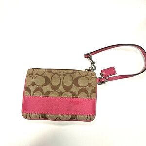 Coach Signature Stripe Tan Pink Wristlet Wallet Model 40028